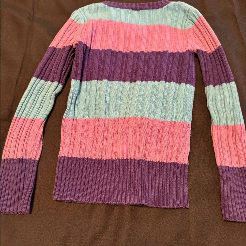 The Children's Place Girls Ribbed Striped V-Neck Sweater Purple Pink Aqua Sz 7/8